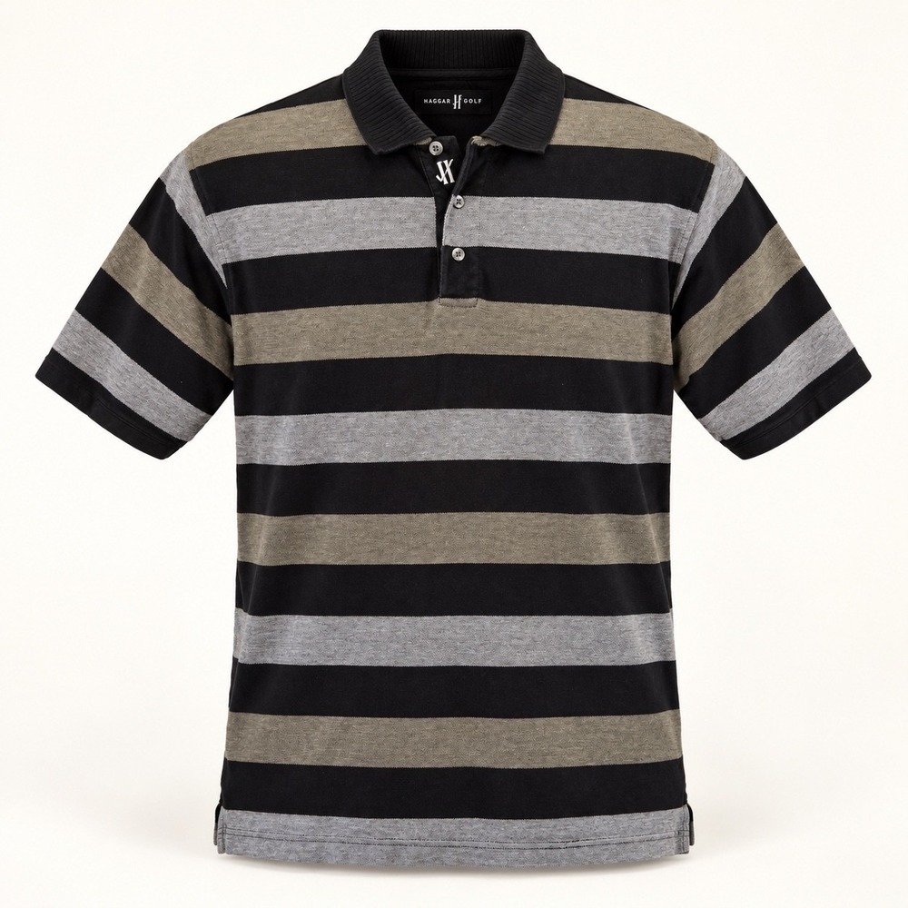 Haggar Golf Mens Short Sleeve Polo Shirt Striped Black Gray Tan Preppy Medium